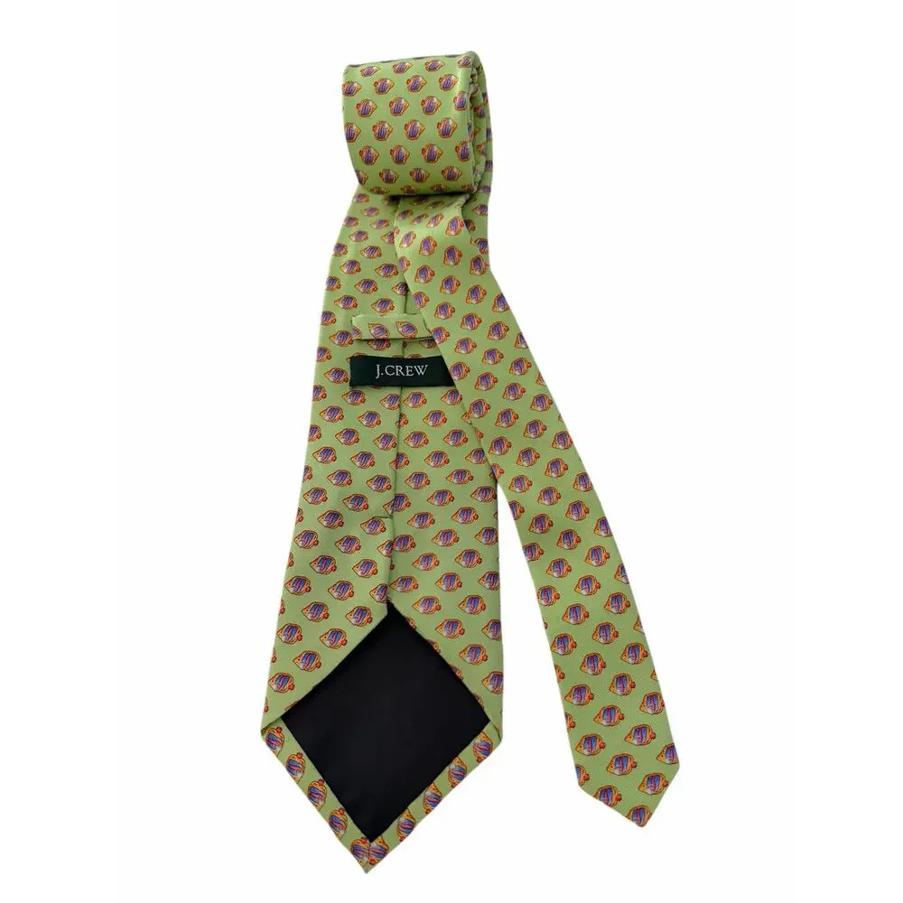 J.CREW Men's Green Fish Print Silk Necktie Novelty Preppy Summer Yacht Club NEW
